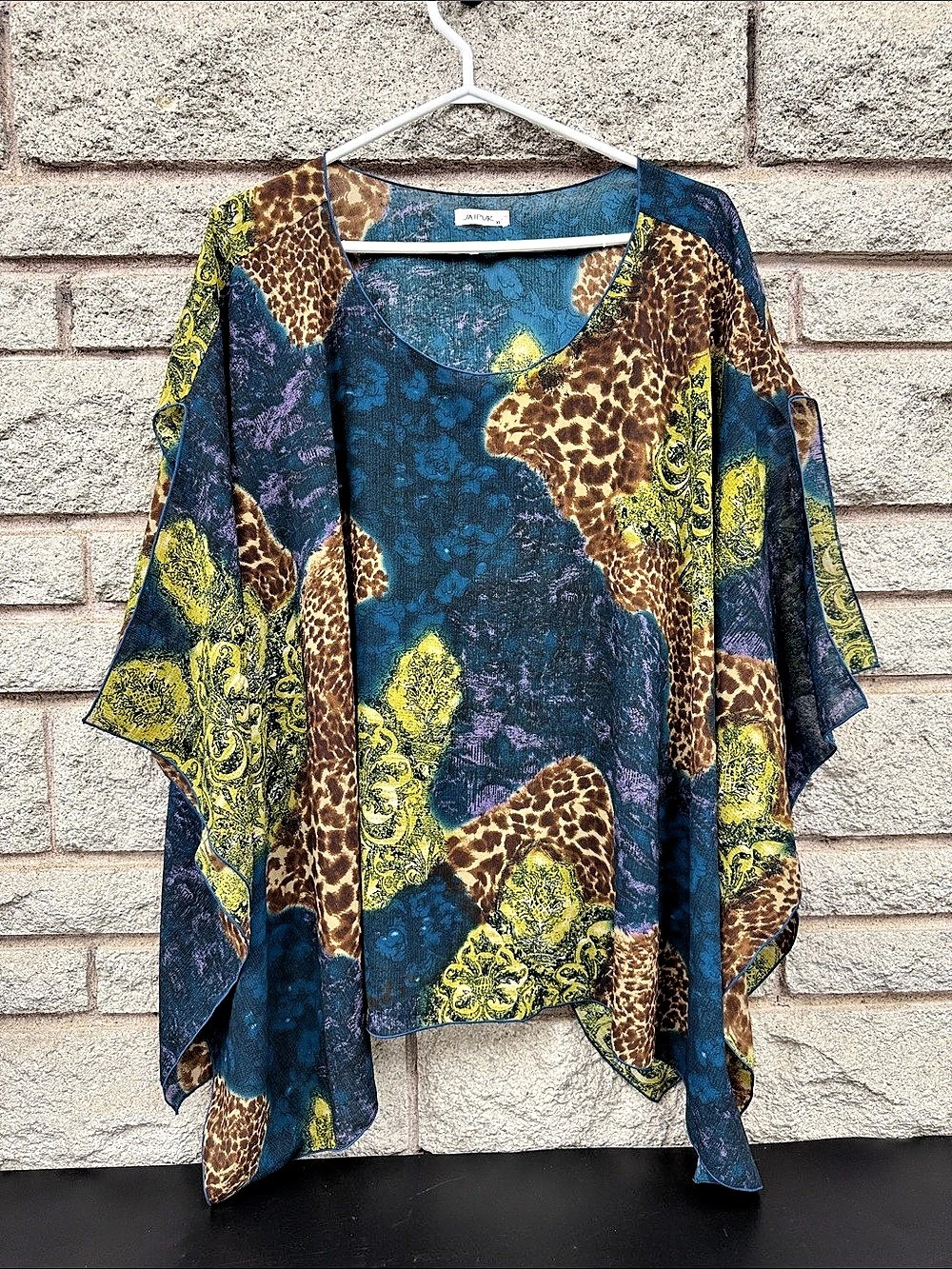 Jaipur Womenâs XL Sheer Poncho Kaftan Top Animal Paisley Print Teal Yellow